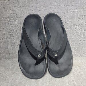 Olukai Ohana Women's Size US 8 Black Leather Slip On Flat Flip Flop Sandals